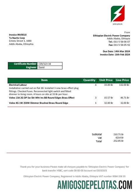 para download Etiópia Etíope Empresa de Energia Elétrica Modelo de Conta de Serviços Públicos de Eletricidade em Formatos Word e PDF1